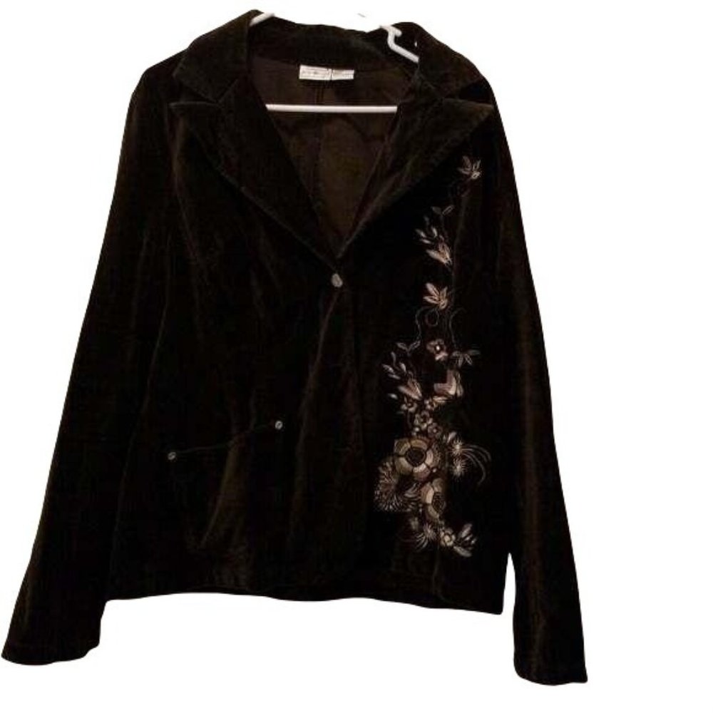 Newport News Blazer Vintage Velvet-Like Size XL Floral Embroidered Black